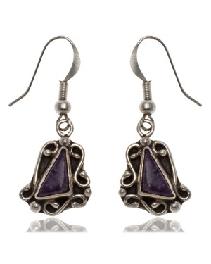 Sugilite .925 Sterling Silver Certified Authentic Navajo Native American Flower Dangle Earrings 27245
