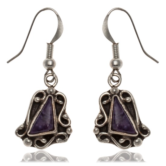 Sugilite .925 Sterling Silver Certified Authentic Navajo Native American Flower Dangle Earrings 27245