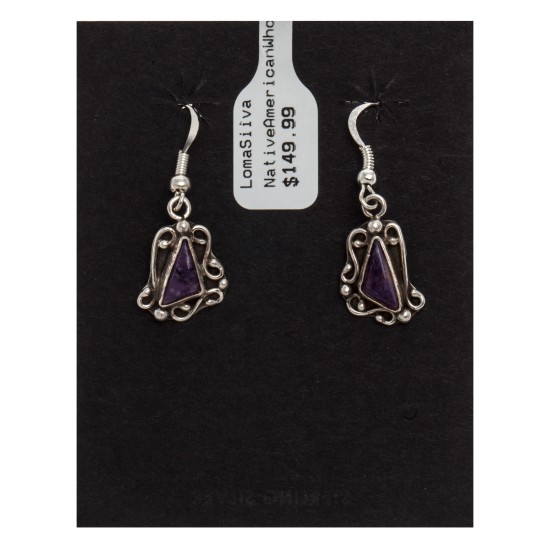Sugilite .925 Sterling Silver Certified Authentic Navajo Native American Flower Dangle Earrings 27245