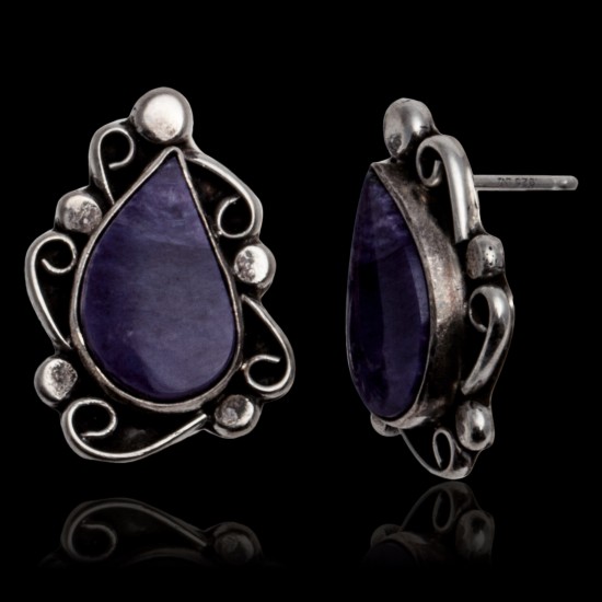 Sugulite .925 Sterling Silver Certified Authentic Navajo Native American Stud Flower Earrings 27278