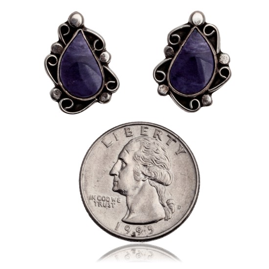Sugulite .925 Sterling Silver Certified Authentic Navajo Native American Stud Flower Earrings 27278
