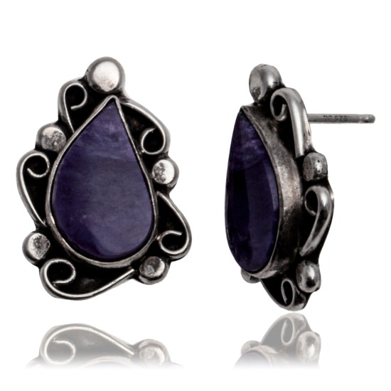 Sugulite .925 Sterling Silver Certified Authentic Navajo Native American Stud Flower Earrings 27278