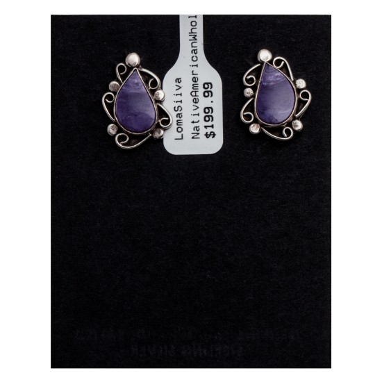 Sugulite .925 Sterling Silver Certified Authentic Navajo Native American Stud Flower Earrings 27278