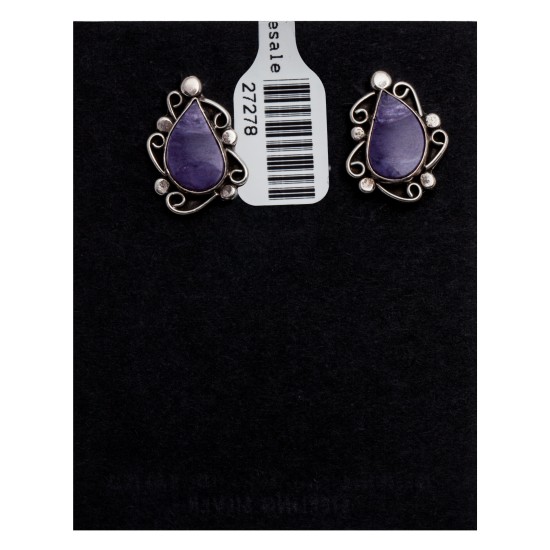 Sugulite .925 Sterling Silver Certified Authentic Navajo Native American Stud Flower Earrings 27278