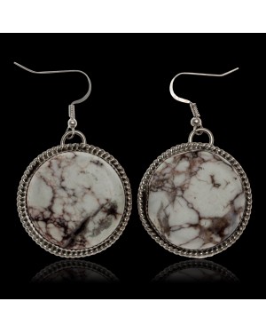 White Howlite .925 Sterling Silver Certified Authentic Navajo Native American Dangle Earrings 27279