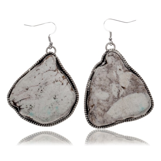 Huge White Howlite .925 Sterling Silver Certified Authentic Navajo Native American Dangle Earrings 27280