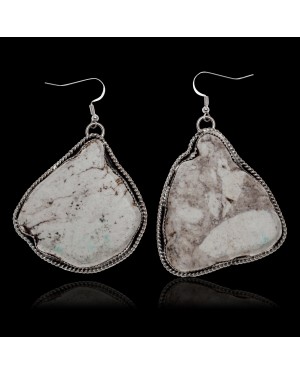 Huge White Howlite .925 Sterling Silver Certified Authentic Navajo Native American Dangle Earrings 27280
