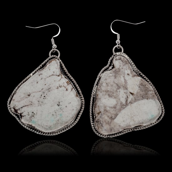 Huge White Howlite .925 Sterling Silver Certified Authentic Navajo Native American Dangle Earrings 27280