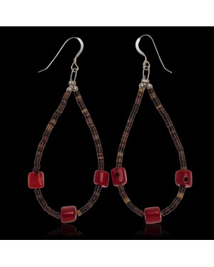 Coral .925 Sterling Silver Certified Authentic Navajo Native American Hoop Dangle Earrings 27281