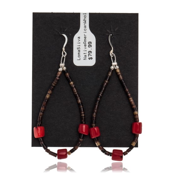 Coral .925 Sterling Silver Certified Authentic Navajo Native American Hoop Dangle Earrings 27281