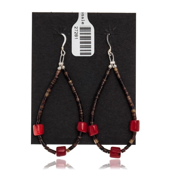 Coral .925 Sterling Silver Certified Authentic Navajo Native American Hoop Dangle Earrings 27281