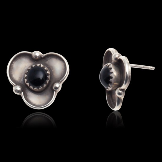 Black Onyx .925 Sterling Silver Certified Authentic Navajo Native American Stud Earrings 27244