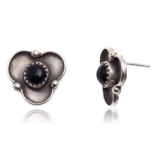 Black Onyx .925 Sterling Silver Certified Authentic Navajo Native American Stud Earrings 27244