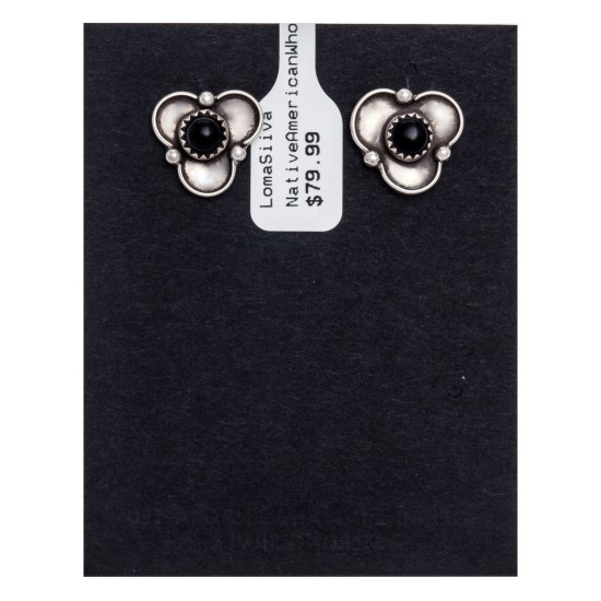 Black Onyx .925 Sterling Silver Certified Authentic Navajo Native American Stud Earrings 27244