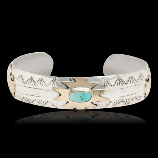 12kt Gold Filled and .925 Sterling Silver Certified Authentic Buffalo Handmade Navajo Natural Spiderweb Turquoise Native American Bracelet 12970-201