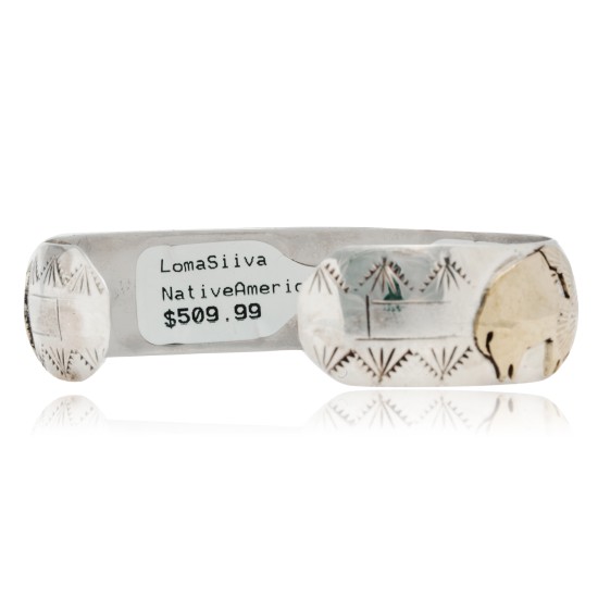 12kt Gold Filled and .925 Sterling Silver Certified Authentic Buffalo Handmade Navajo Natural Spiderweb Turquoise Native American Bracelet 12970-201