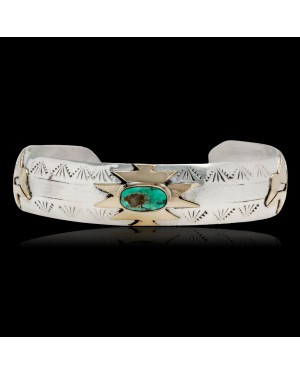 12kt Gold Filled and .925 Sterling Silver Certified Authentic Bear Handmade Navajo Natural Turquoise Native American Cuff Bracelet 13094-1