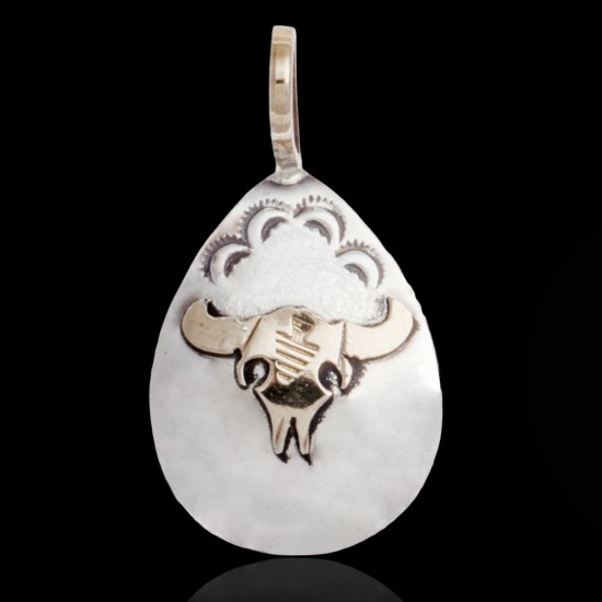 12kt Gold Filled and .925 Sterling Silver Bull Skull Handmade Certified Authentic Navajo Native American Delicate Pendant 24528