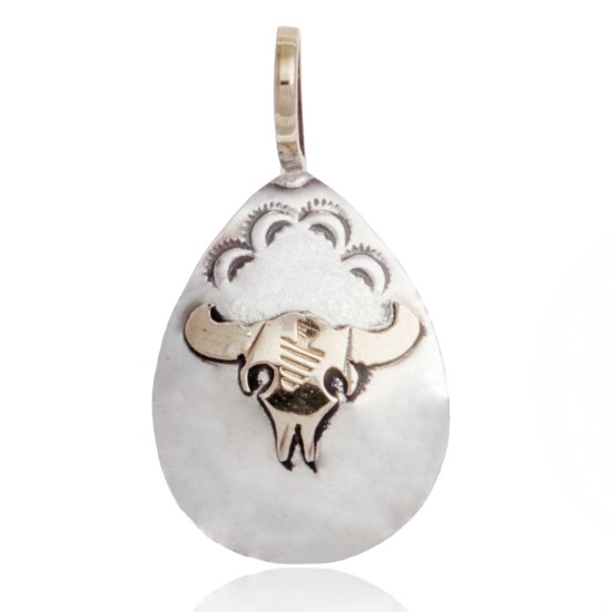 12kt Gold Filled and .925 Sterling Silver Bull Skull Handmade Certified Authentic Navajo Native American Delicate Pendant 24528