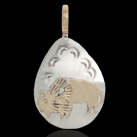 12kt Gold Filled and .925 Sterling Silver Buffalo Handmade Certified Authentic Navajo Native American Delicate Pendant 24529