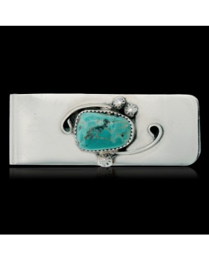 Handmade Certified Authentic Navajo Nickel and .925 Sterling Silver Natural Turquoise Native American Money Clip 11250-4