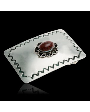 Certified Authentic Handmade Navajo Nickel Natural Red Jasper Native American Buckle 1217-4