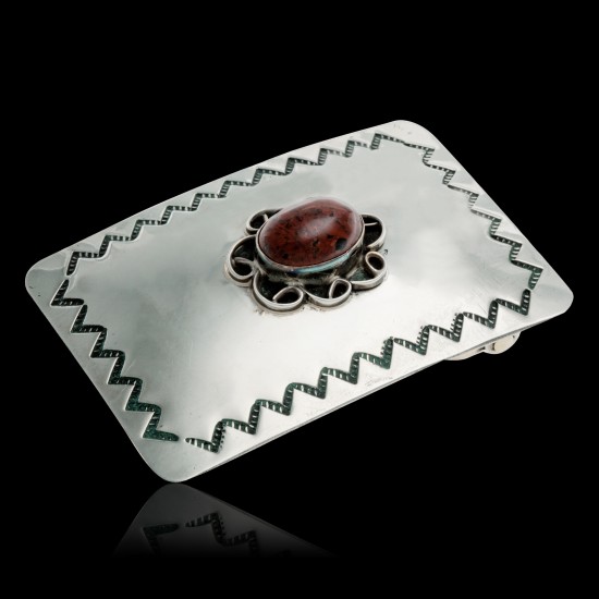 Certified Authentic Handmade Navajo Nickel Natural Red Jasper Native American Buckle 1217-4