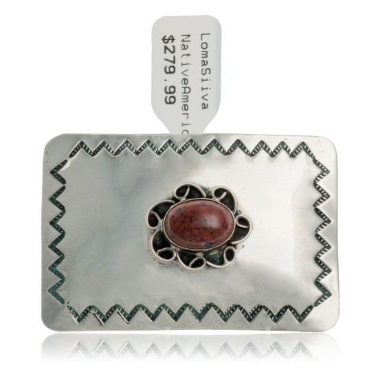Certified Authentic Handmade Navajo Nickel Natural Red Jasper Native American Buckle 1217-4