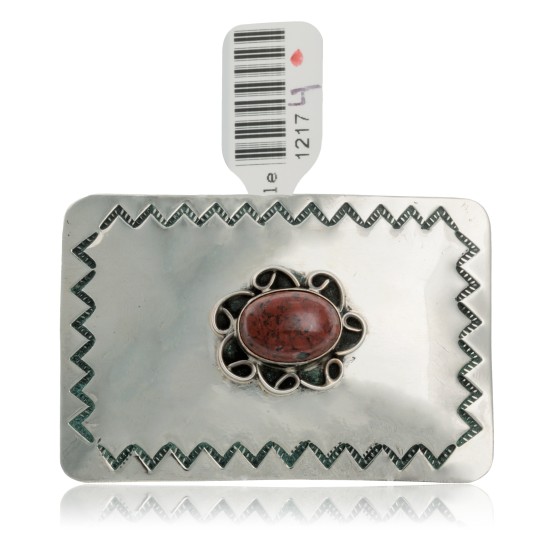 Certified Authentic Handmade Navajo Nickel Natural Red Jasper Native American Buckle 1217-4
