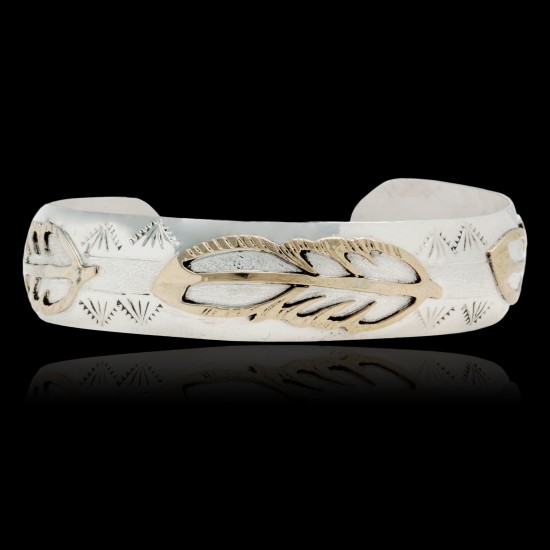 12kt Gold Filled and .925 Sterling Silver Certified Authentic Feather Handmade Navajo Native American Cuff Bracelet 13094-5