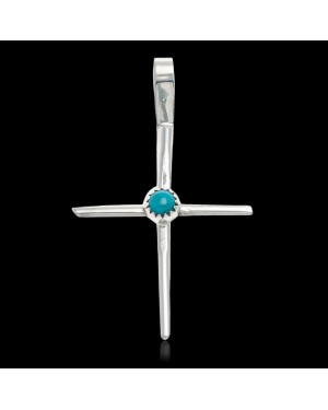 .925 Sterling Silver Handmade Cross Certified Authentic Navajo Natural Turquoise Native American Pendant 24373-1