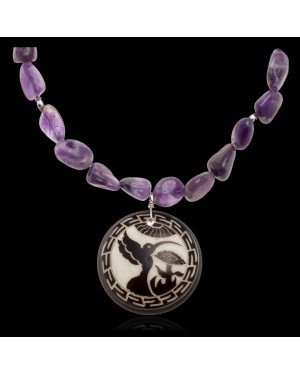 Hummingbird .925 Sterling Silver Certified Authentic Navajo Native American Natural Amethyst Necklace 25519