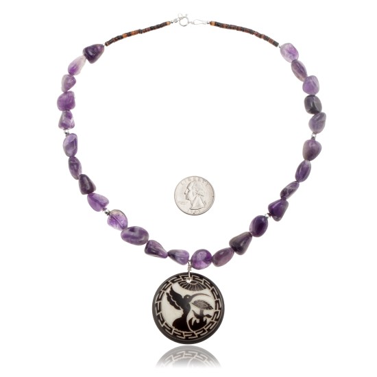 Hummingbird .925 Sterling Silver Certified Authentic Navajo Native American Natural Amethyst Necklace 25519