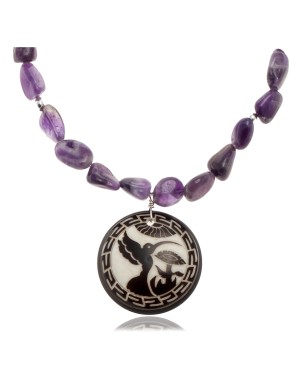 Hummingbird .925 Sterling Silver Certified Authentic Navajo Native American Natural Amethyst Necklace 25519