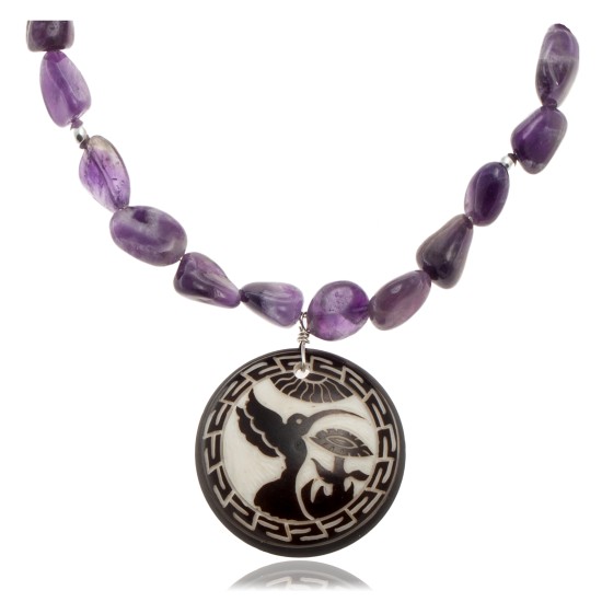 Hummingbird .925 Sterling Silver Certified Authentic Navajo Native American Natural Amethyst Necklace 25519