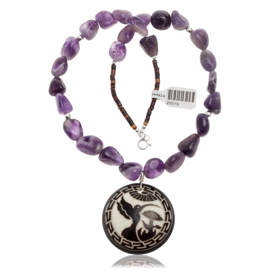 Hummingbird .925 Sterling Silver Certified Authentic Navajo Native American Natural Amethyst Necklace 25519