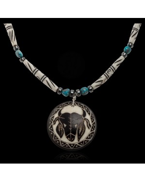 Bull Skull and Feather .925 Sterling Silver Certified Authentic Navajo Native American Natural Turquoise and Bone Necklace 25521 Bull Skull and Feather .925 Sterling Silver Certified Authentic Navajo Native American Natural Turquoise and Bone Necklace 25521