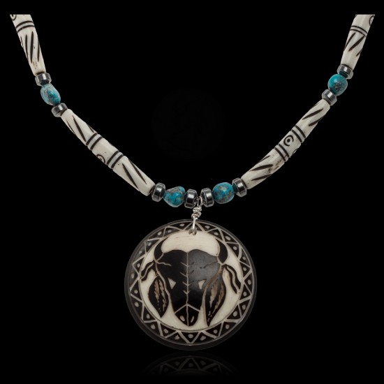 Bull Skull and Feather .925 Sterling Silver Certified Authentic Navajo Native American Natural Turquoise and Bone Necklace 25521