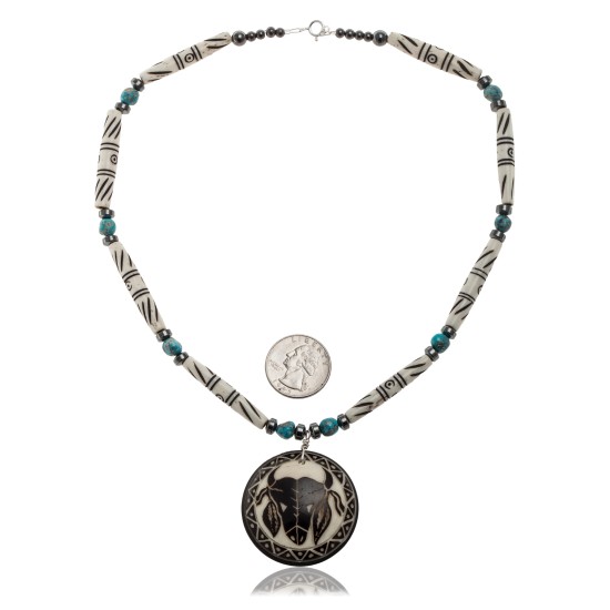 Bull Skull and Feather .925 Sterling Silver Certified Authentic Navajo Native American Natural Turquoise and Bone Necklace 25521