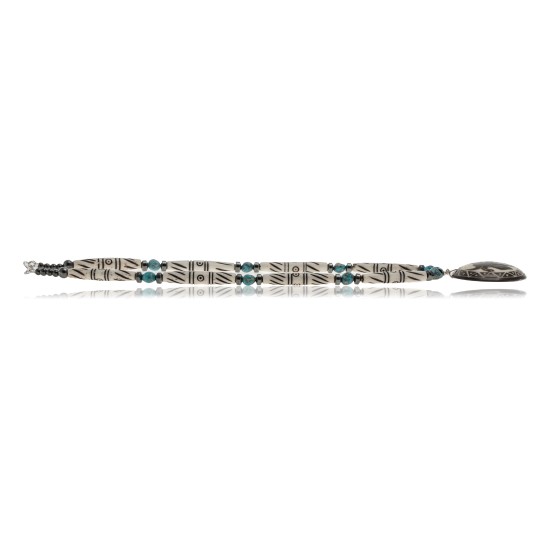 Bull Skull and Feather .925 Sterling Silver Certified Authentic Navajo Native American Natural Turquoise and Bone Necklace 25521