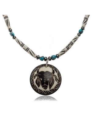 Bull Skull and Feather .925 Sterling Silver Certified Authentic Navajo Native American Natural Turquoise and Bone Necklace 25521