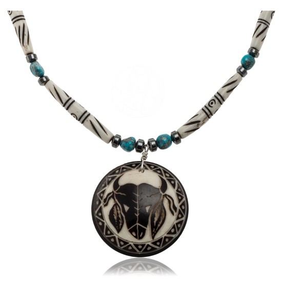 Bull Skull and Feather .925 Sterling Silver Certified Authentic Navajo Native American Natural Turquoise and Bone Necklace 25521