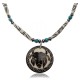 Bull Skull and Feather .925 Sterling Silver Certified Authentic Navajo Native American Natural Turquoise and Bone Necklace 25521