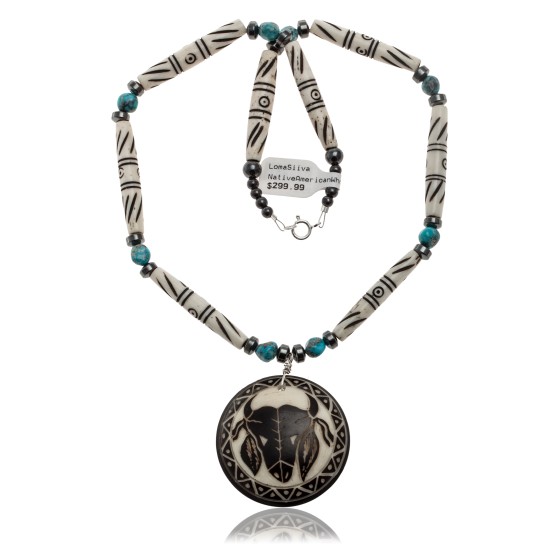 Bull Skull and Feather .925 Sterling Silver Certified Authentic Navajo Native American Natural Turquoise and Bone Necklace 25521