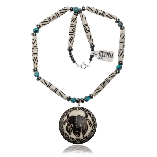 Bull Skull and Feather .925 Sterling Silver Certified Authentic Navajo Native American Natural Turquoise and Bone Necklace 25521