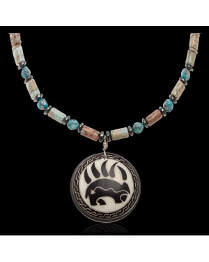 Bear and Bear Paw .925 Sterling Silver Certified Authentic Navajo Native American Natural Turquoise and Jasper Necklace 25523