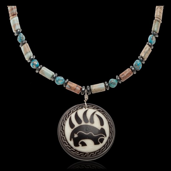 Bear and Bear Paw .925 Sterling Silver Certified Authentic Navajo Native American Natural Turquoise and Jasper Necklace 25523