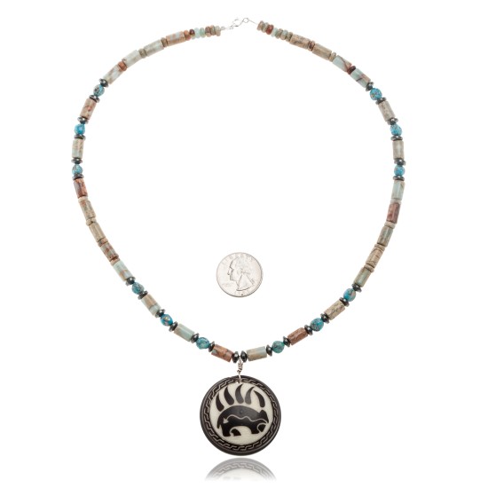 Bear and Bear Paw .925 Sterling Silver Certified Authentic Navajo Native American Natural Turquoise and Jasper Necklace 25523