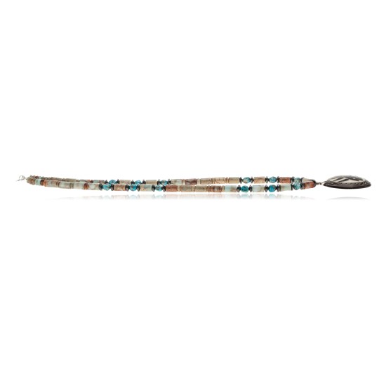 Bear and Bear Paw .925 Sterling Silver Certified Authentic Navajo Native American Natural Turquoise and Jasper Necklace 25523