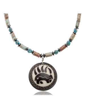 Bear and Bear Paw .925 Sterling Silver Certified Authentic Navajo Native American Natural Turquoise and Jasper Necklace 25523